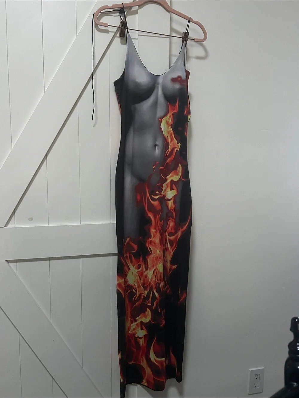 Flame Print Bodycon Slip Dress - Black & Red - Picture 1 of 2